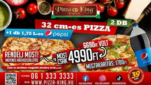 Pizza King 7 - 2 darab normál pizza 1,75l pepsivel - Szuper ajánlat - Online rendelés